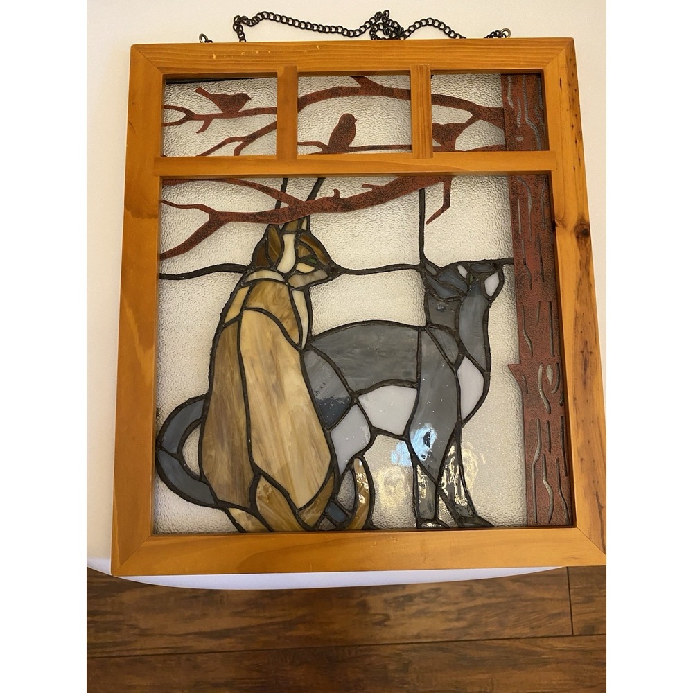 1970s Stained Glass Cat Window Panel Hanging Art Bird Framed Fish 11" X 12.5" - Picture 3 of 4